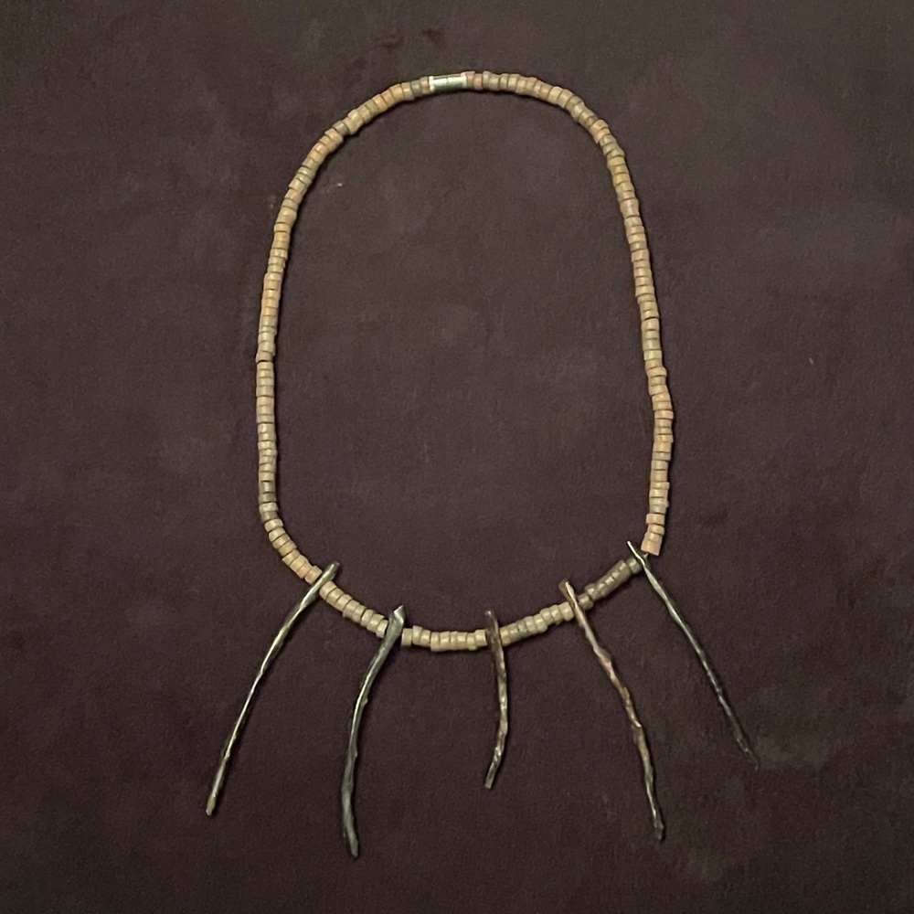 Necklace with Natural Brown Ceramic Beads And Long Dark Brown Wooden Stick Beads
